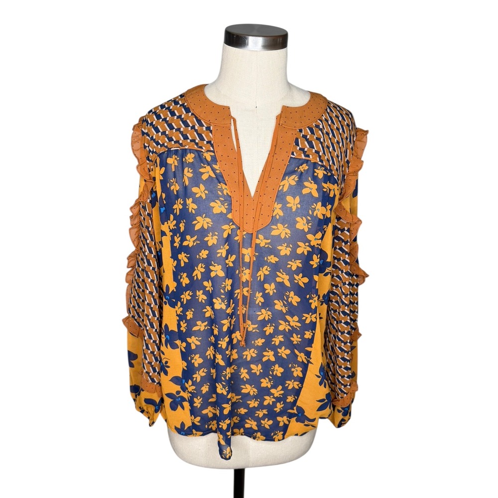 CABI Brown Blue Floral Harmony 3953 Ruffle Blouse Women's Size Small Retro